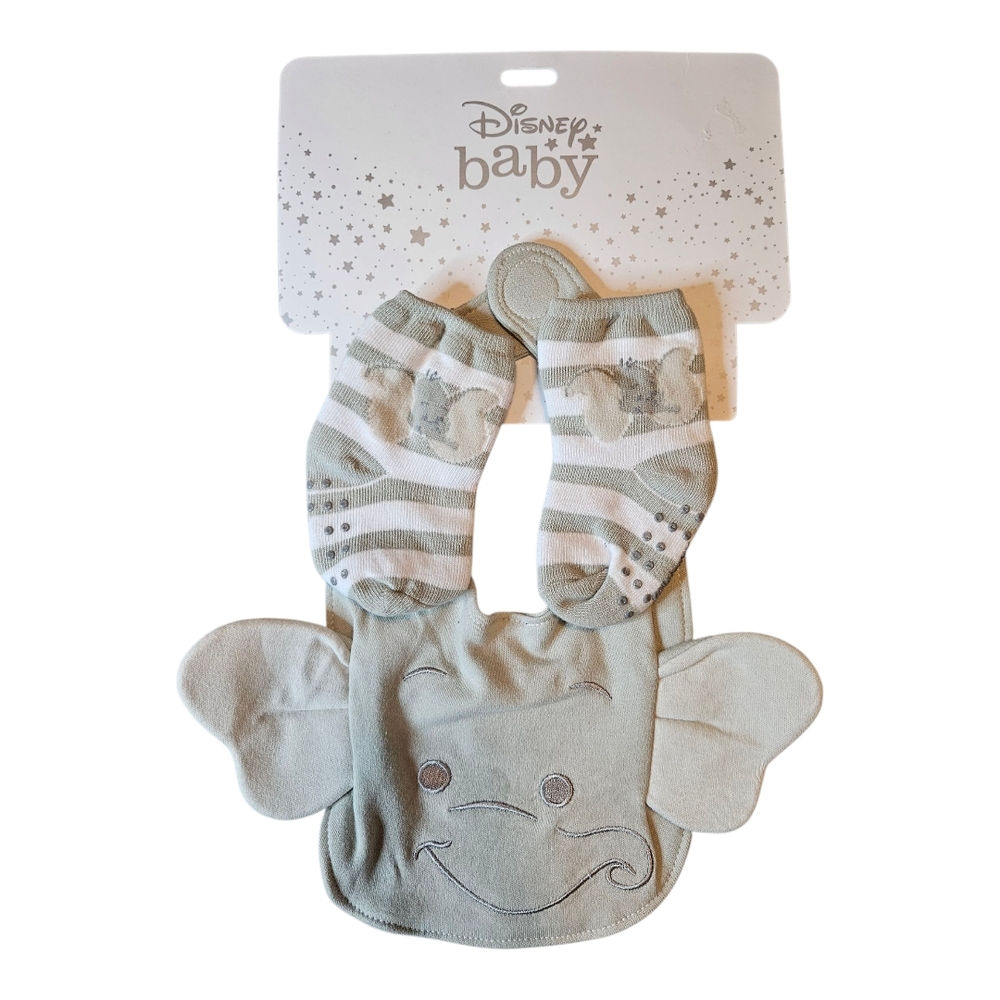 Disney Baby Dumbo Bib and Socks Set - Gray and White Size 6-12 months NWT